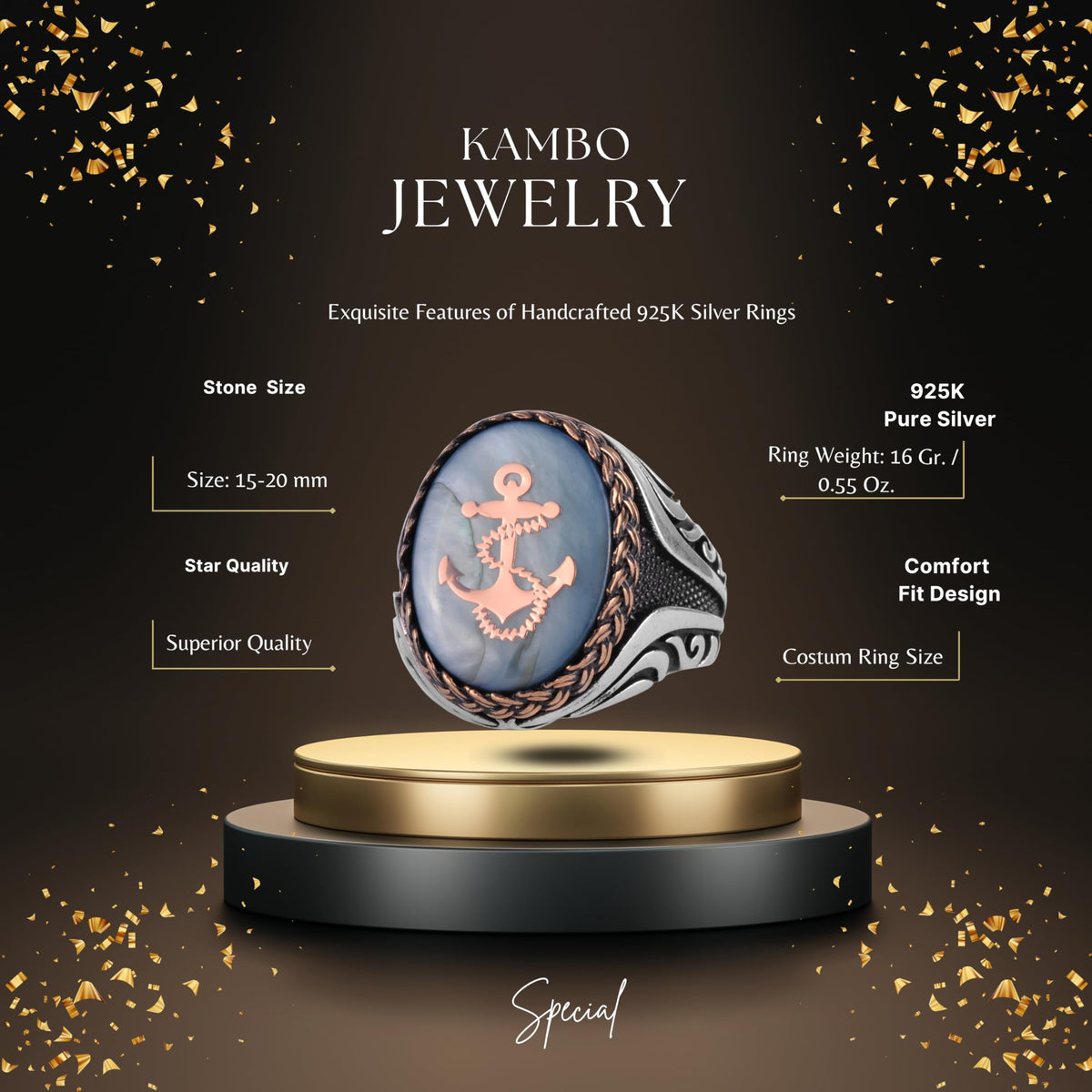 KAMBO Nautical Anchor Men's Ring - Blue Inlay Surface and Rose Gold Anchor Emblem 925 Sterling Silver Oval Seal Ring - Sailor Style Jewelry — 2