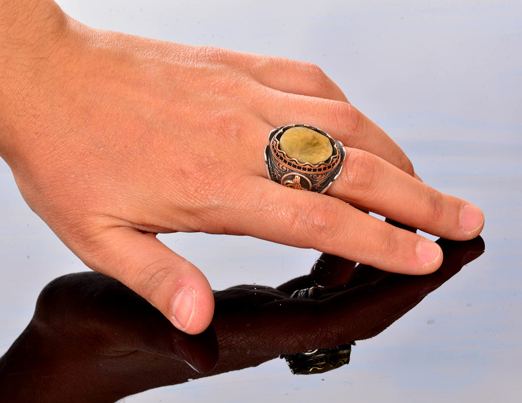 Handmade 925 Sterling Silver Men's Ring with Real Yellow Sapphire Stone - Ottoman Seal Ring Design — 6