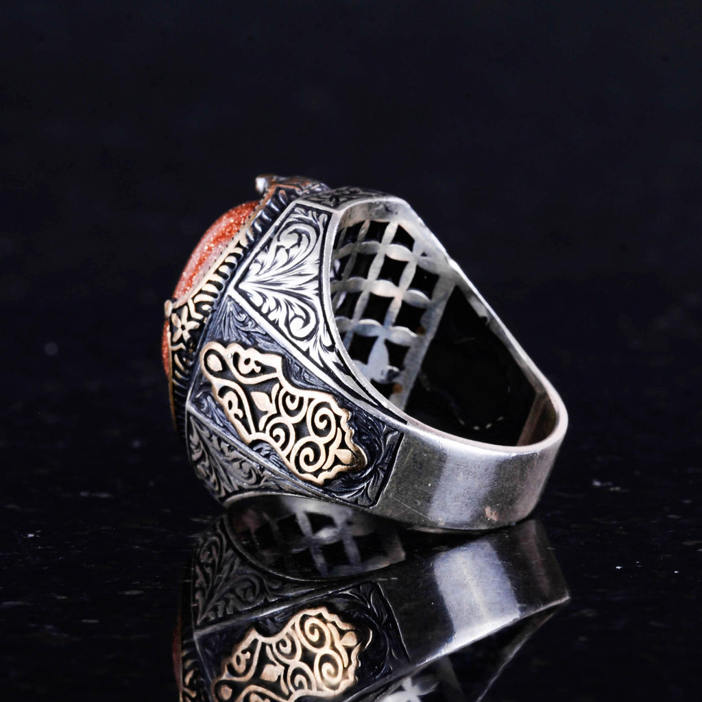925 Sterling Silver Men's Ring, Brown Synthetic Sunstone Ring, Stylish Silver Men's Ring — 7