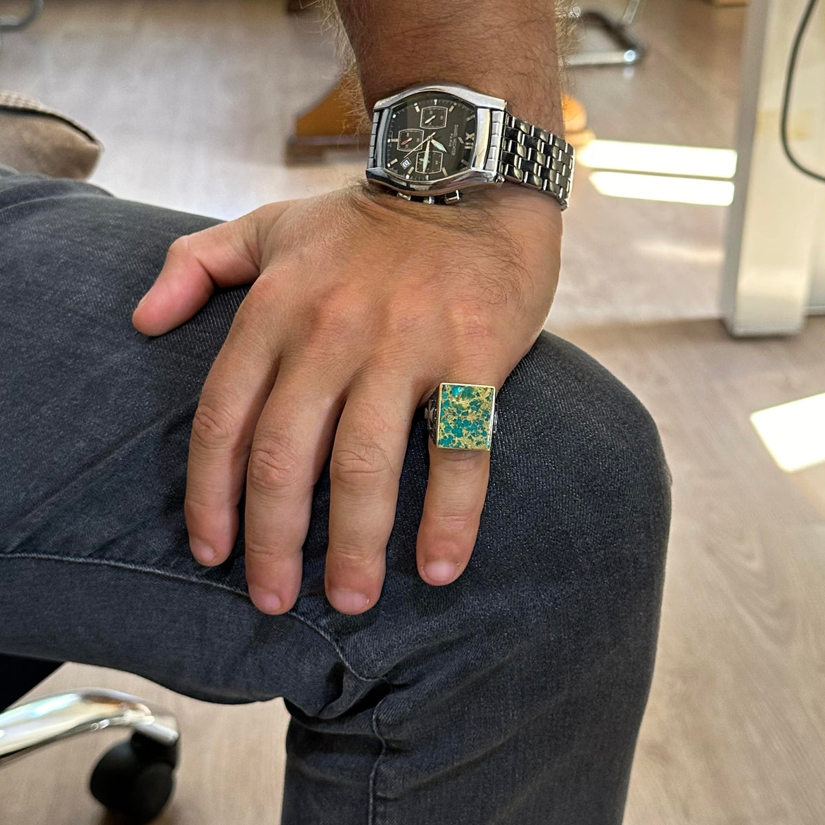 Kambo Cross Embossed Silver Men's Ring with Arizona Turquoise Gemstone — 4