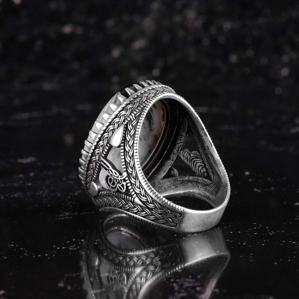 KAMBO Natural Yemen Agate Stone Men's Ring – 925 Sterling Silver Large Statement Ring – Handmade Ottoman Tugra Design Jewelry (Style-6) — 7