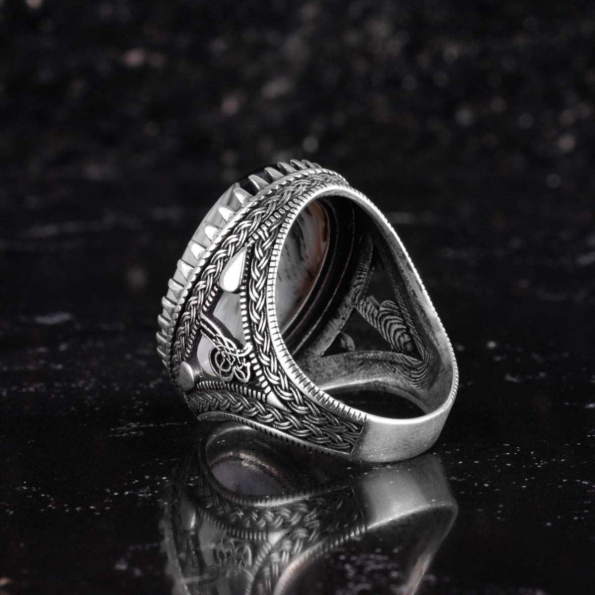 KAMBO Natural Yemen Agate Stone Men's Ring – 925 Sterling Silver Large Statement Ring – Handmade Ottoman Tugra Design Jewelry (Style-6) — 7