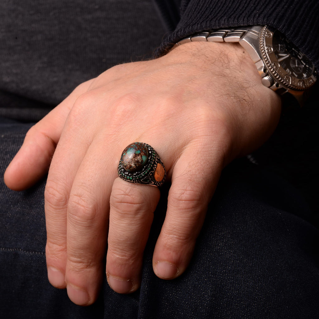 Natural Arizona Turquoise Stone Ring, Minimalist Design, 925 Sterling Silver Men's Ring — 7