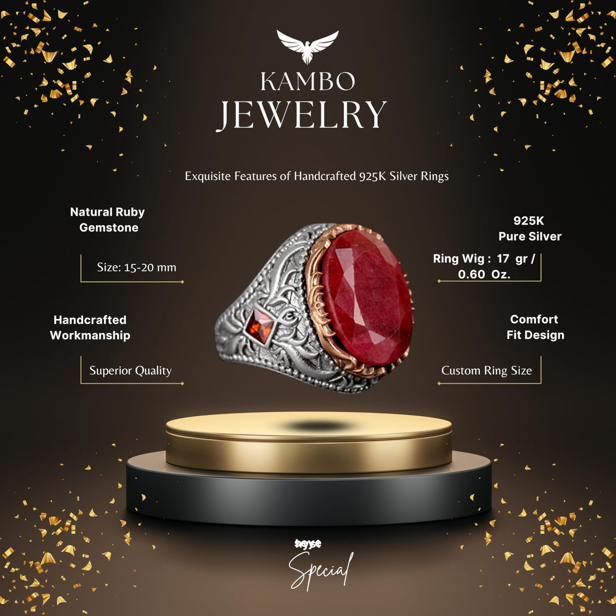 925 Sterling Silver Men's Ring, Natural Ruby Stone Ring — 2