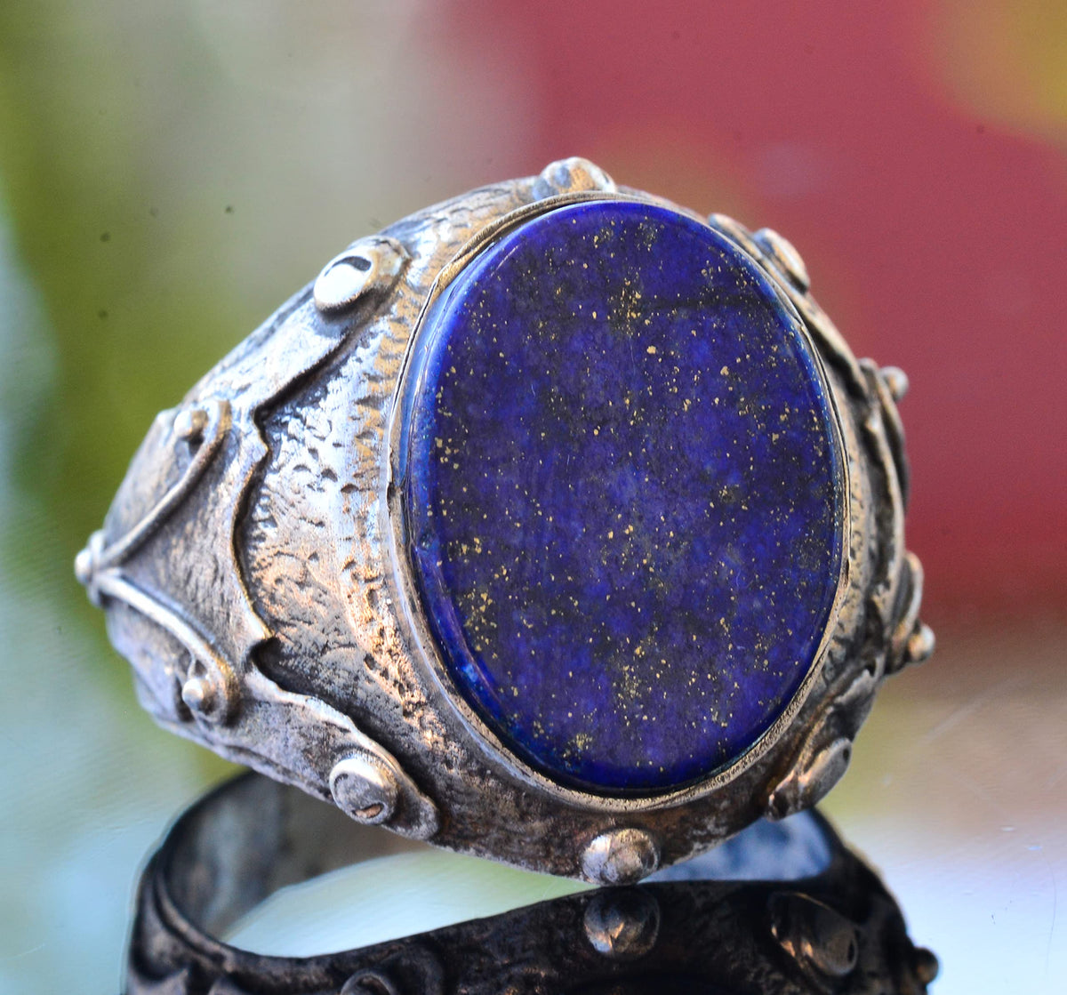 Men's Natural Lapis Lazuli Ring, 925 Sterling Silver, Handcrafted Medieval Design — 3