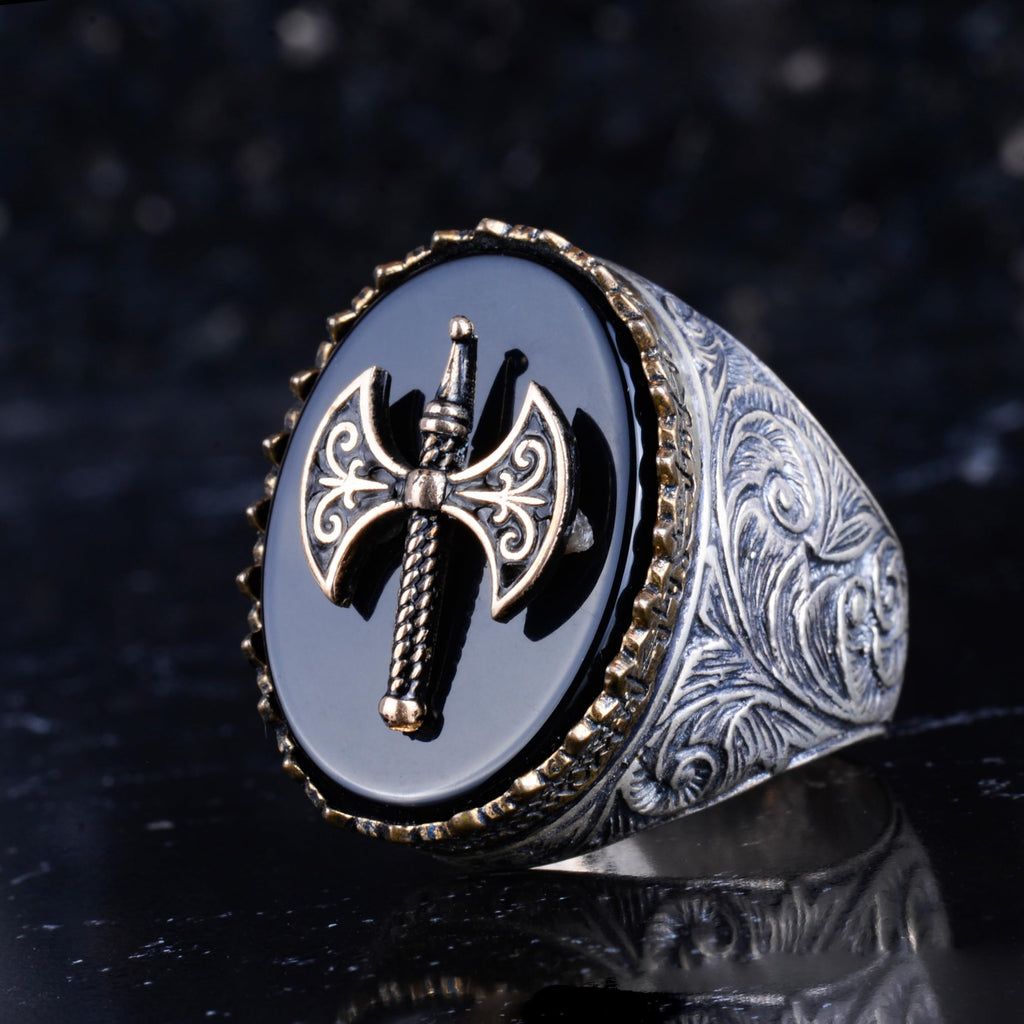 KAMBO Natural Stone 925 Sterling Silver Men's Ring – Large Oval Stone Symbolic Statement Ring (Onyx-2) — 5