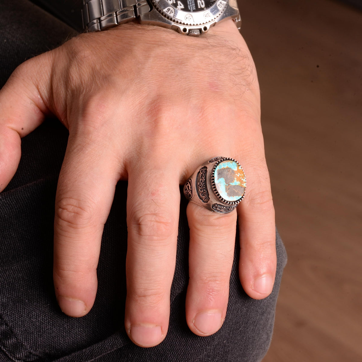 Natural Arizona Turquoise Stone Ring, Men's Ring, 925 Sterling Silver — 6