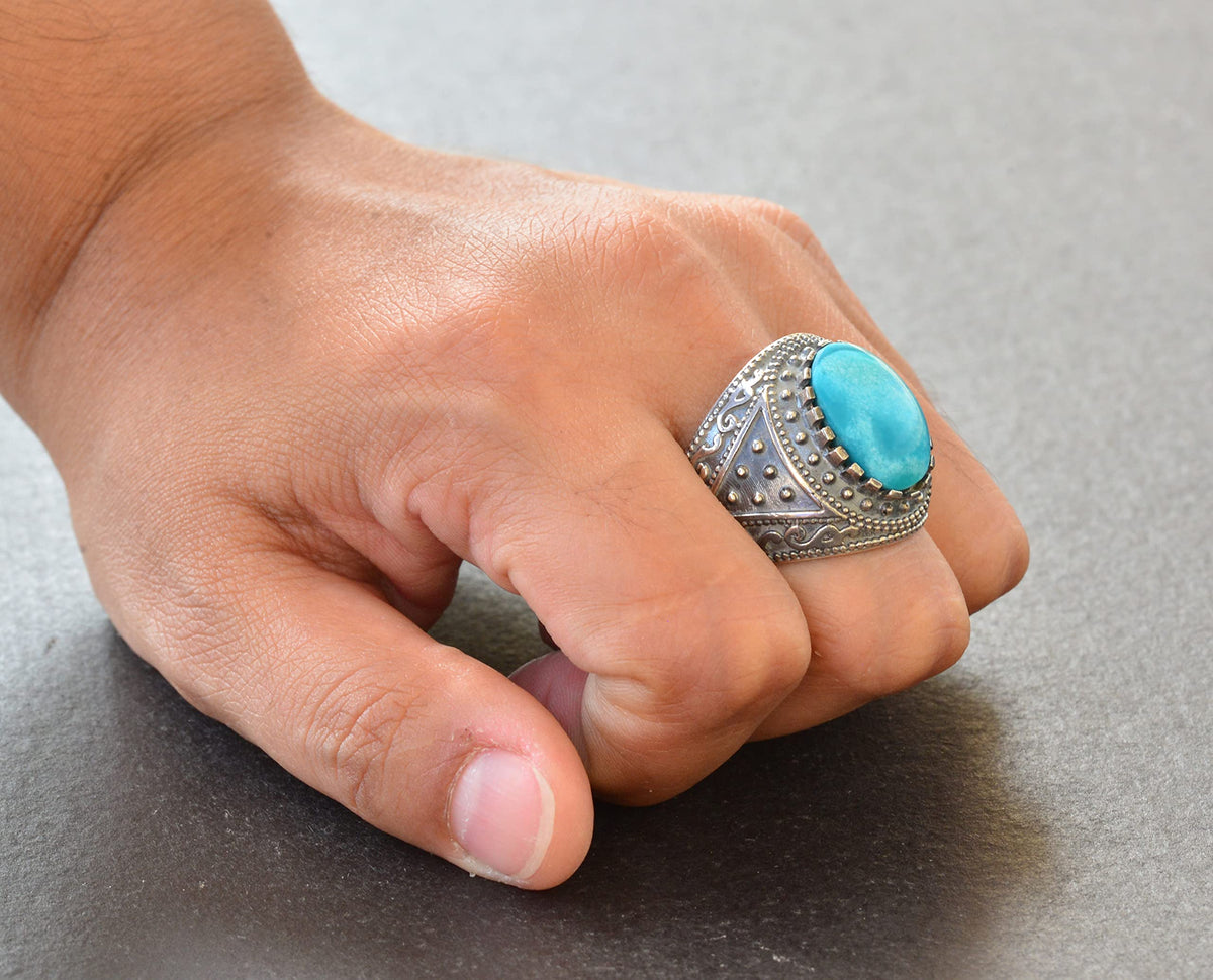 KAMBO Natural Arizona Turquoise Gemstone Ring, Byzantine Ring, Silver Ring (Style-1) — 7