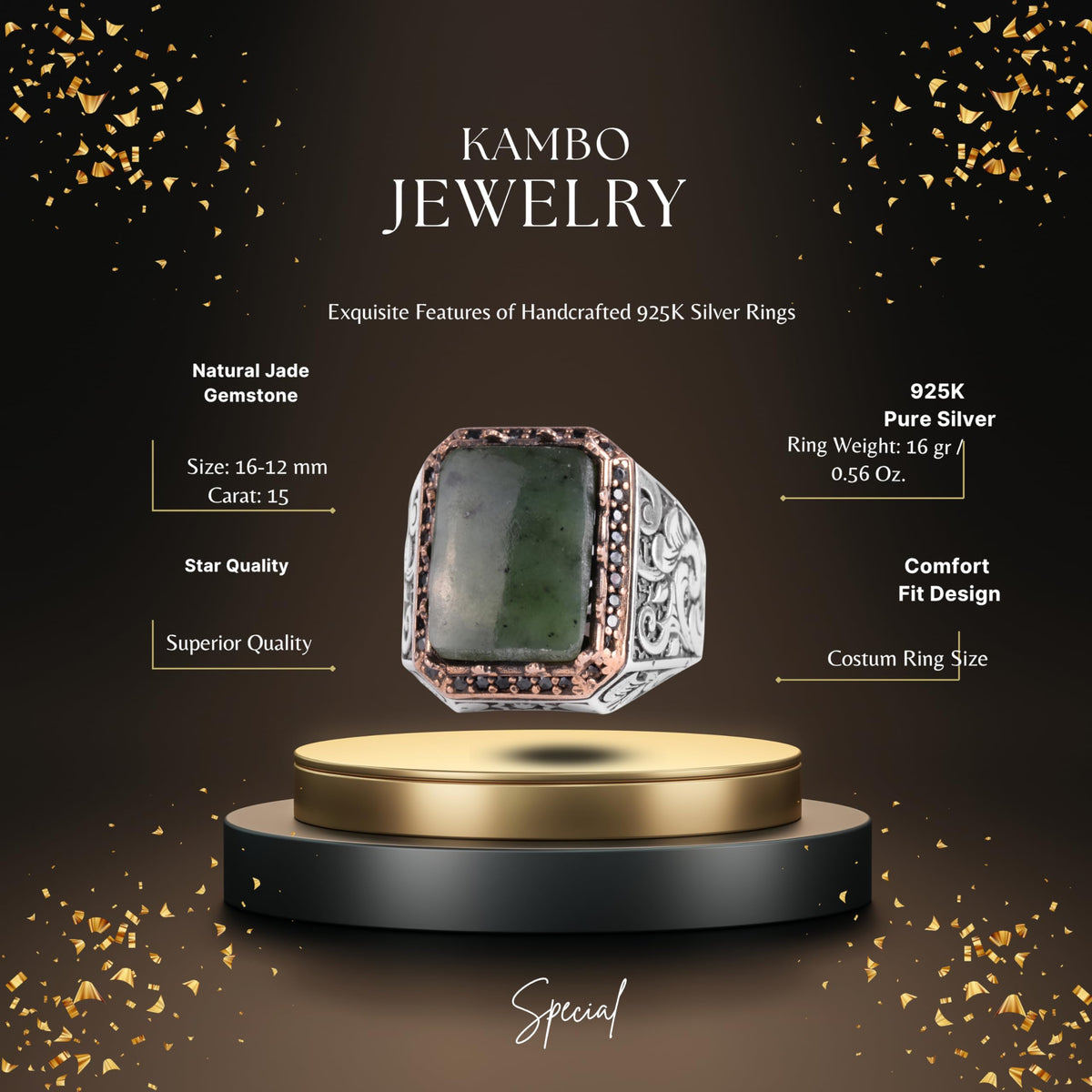 KAMBO Natural Stone Ring for Men 925 Sterling Silver - Rectangular Statement Ring Handmade Jewelry (Jade) — 2