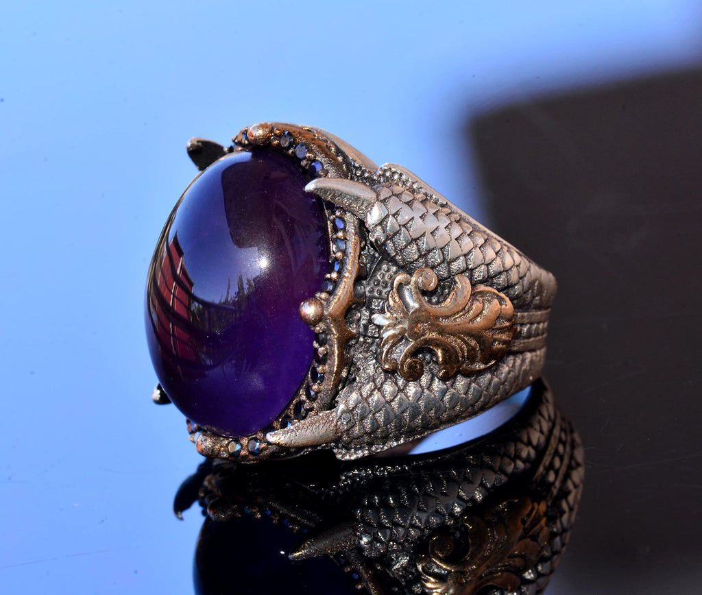 KAMBO Handmade Sterling Silver Men's Amethyst Ring 925 Vintage Eagle Claw Gemstone Statement Band Jewelry