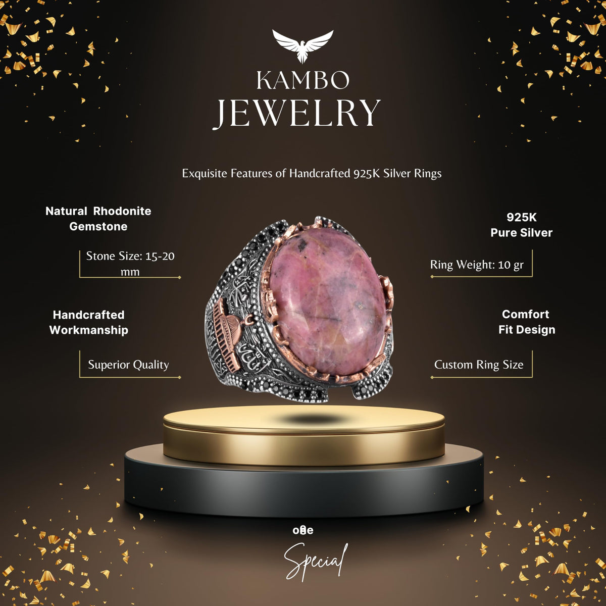 Silver Mosque Ring, Rhodonite Natural Stone Ring — 2