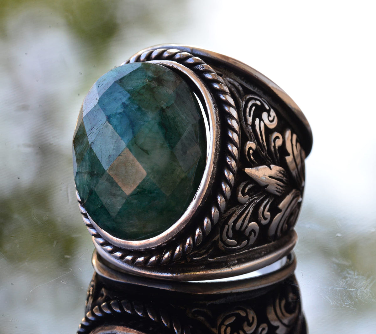 Natural Emerald Stone Silver Men's Ring (Model-2) — 3