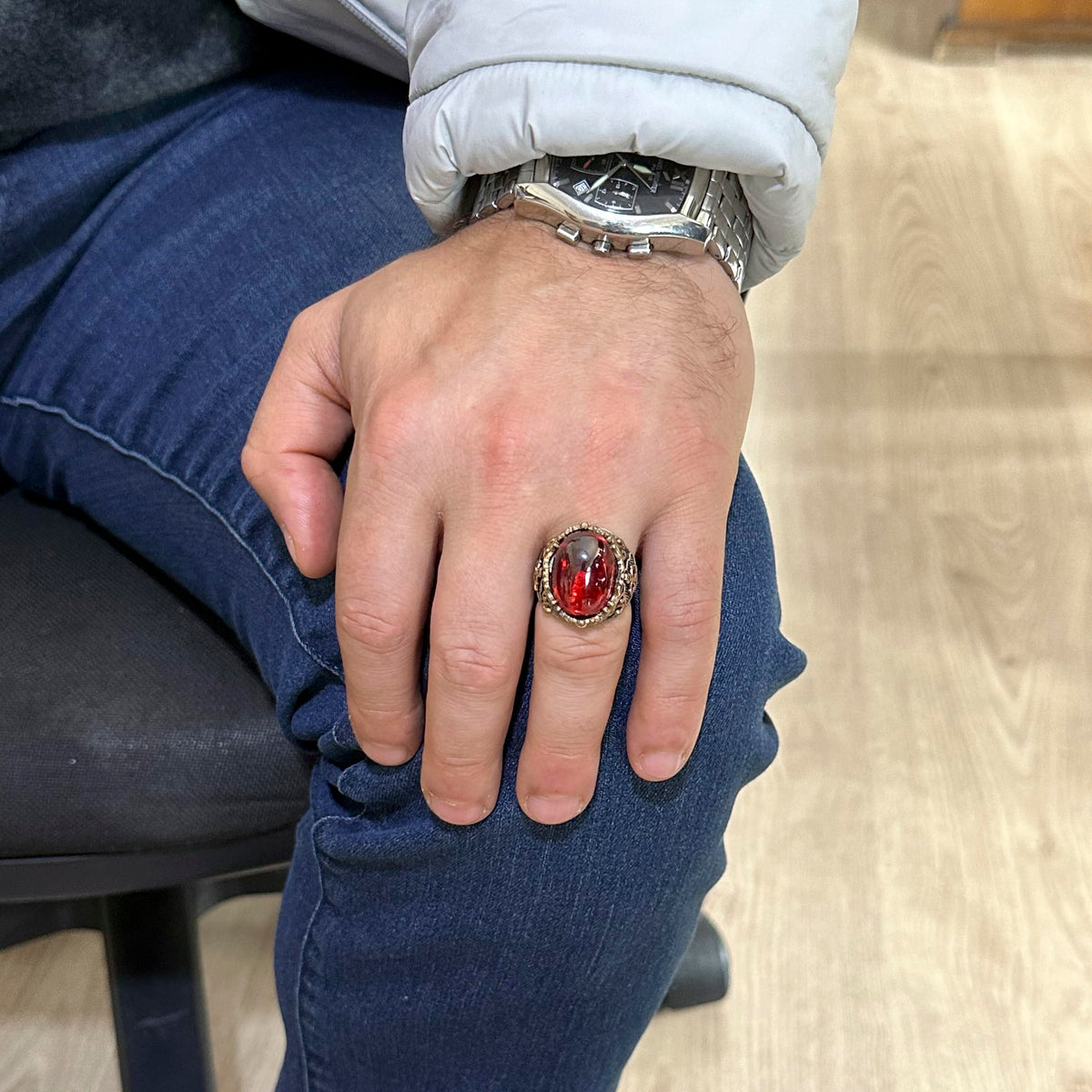 Silver Sailor Anchor Garnet Stone Ring — 3