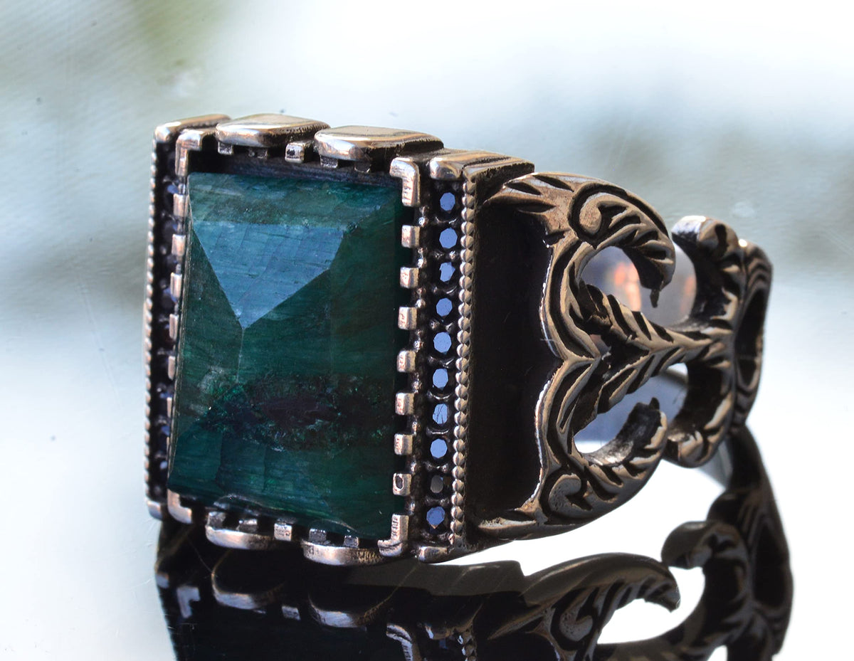 Natural Emerald Stone Silver Men's Ring — 4