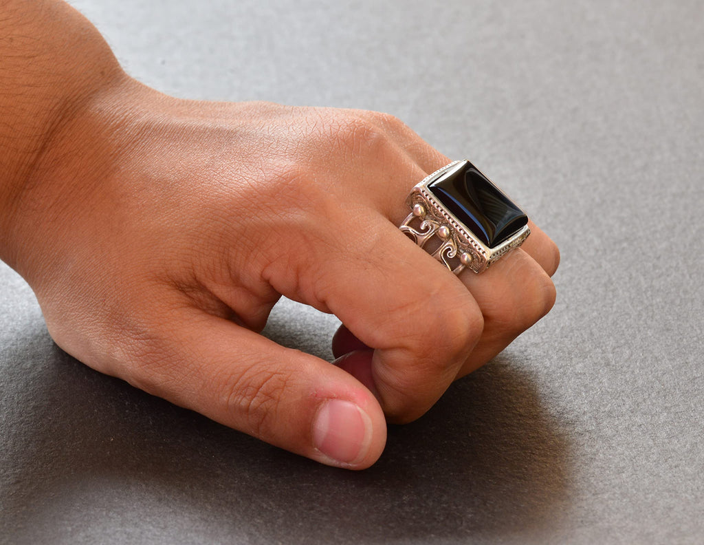 KAMBO Natural Obsidian Gemstone Ring, Handcrafted Ring, Silver Ring, Black — 7