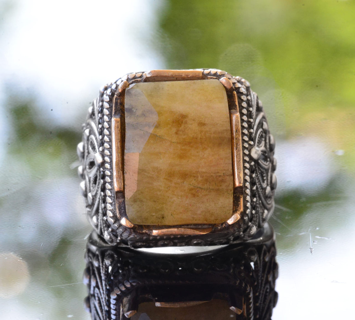 Yellow Sapphire Ring, Silver Yellow Sapphire Ring, 925 Sterling Silver Men's Ring, Large Ring — 5