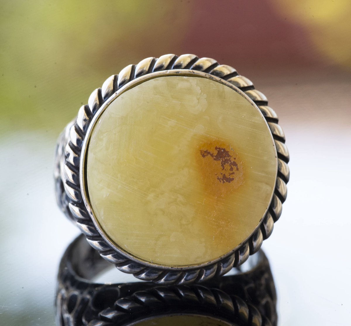 Natural Baltic Amber Stone Ring - 925 Sterling Silver Men's Ring — 5