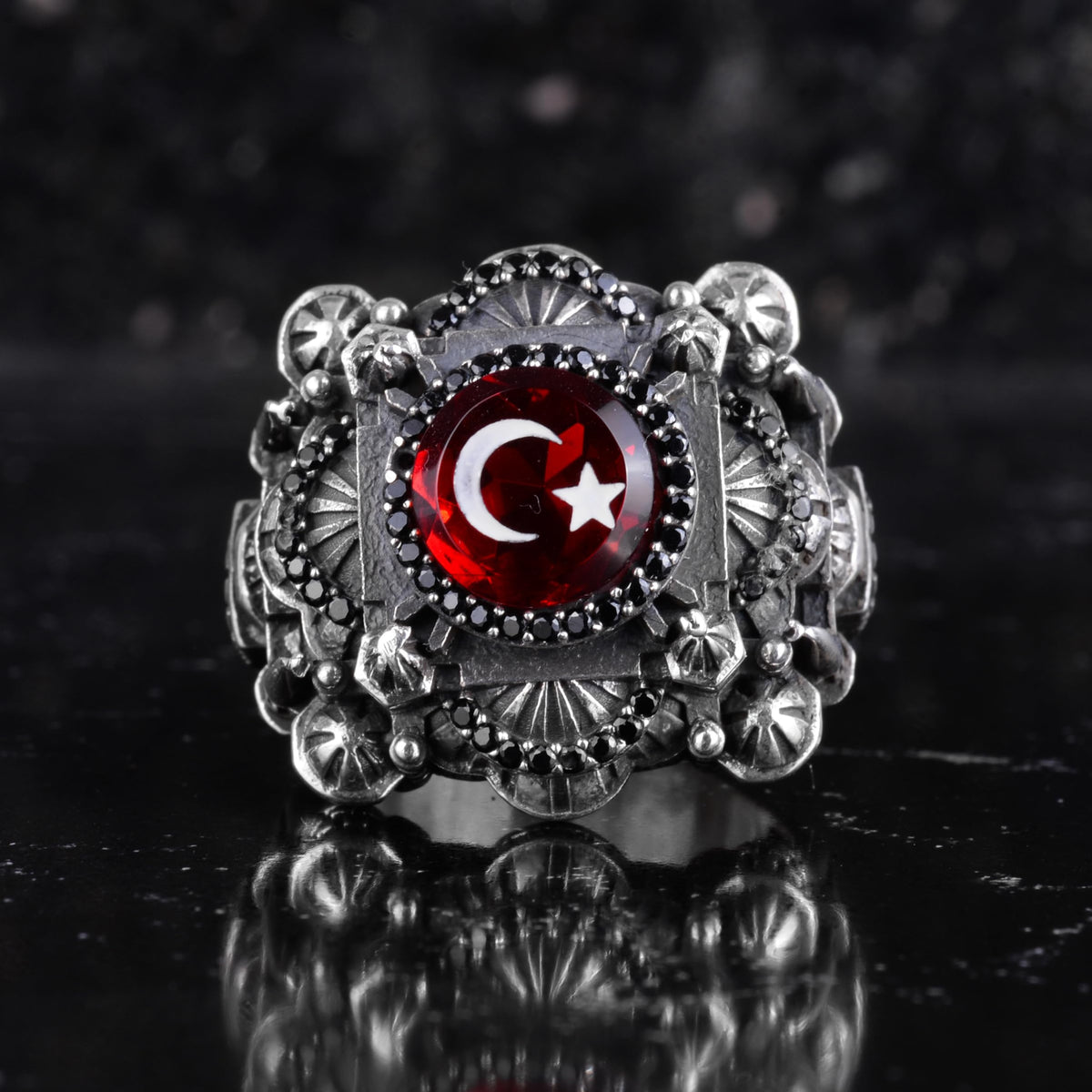 KAMBO Created Red Stone Large Men's Ring 925 Sterling Silver – Turkish Crescent Star Islamic Mosque Inspired Statement Ring — 4