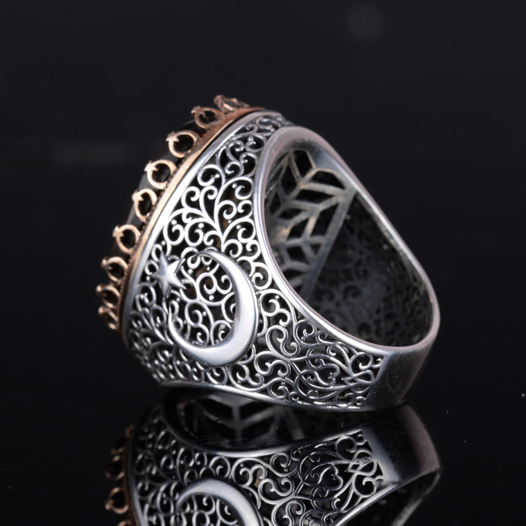 KAMBO 925 Sterling Silver Men's Natural Stone Ring - Moon and Star Design - Handmade Vintage Jewelry (Smoky Topaz) — 7