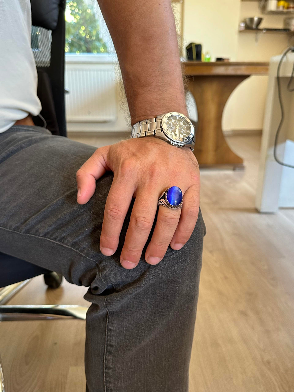 925 Sterling Silver Ring - Synthetic Stone Silver Ring - Handmade Ring (Dark Blue Eye Stone) — 3