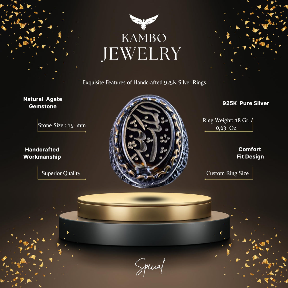 Handmade Islamic Calligraphy Ring - Genuine Amethyst Stone, 925 Sterling Silver — 2