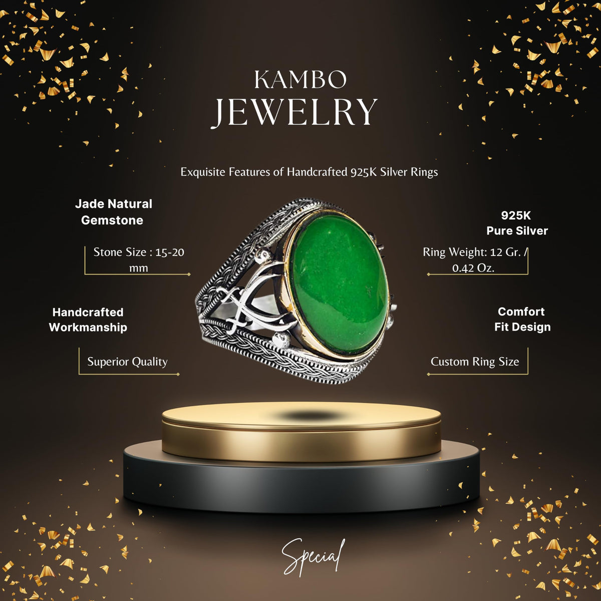 Natural Jade Stone Silver Men's Ring — 2