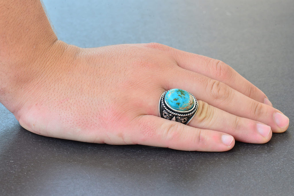 Natural Blue Jasper Stone Large Lily Pattern Silver Men's Ring — 6