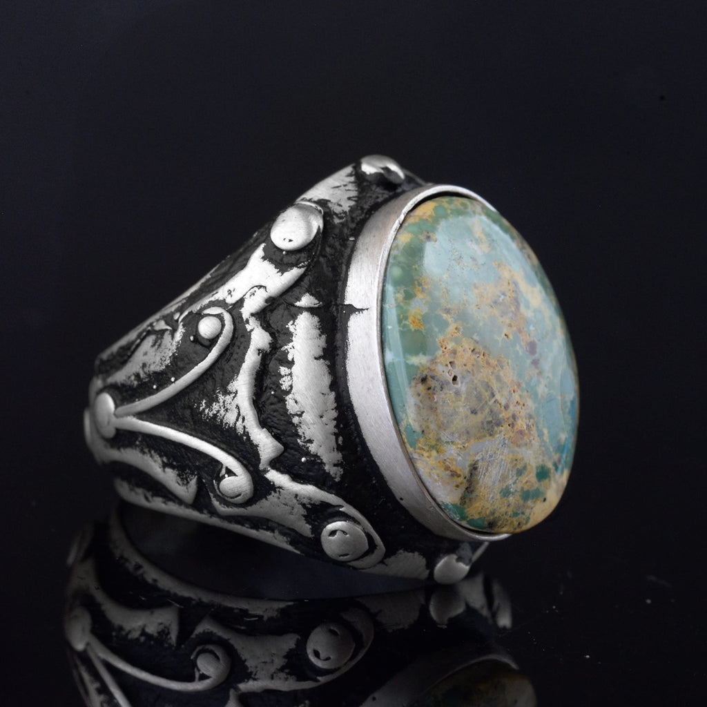 KAMBO Handmade Men's Ring with Natural Arizona Turquoise Stone in 925 Sterling Silver - Vintage Style-3 Statement Jewelr