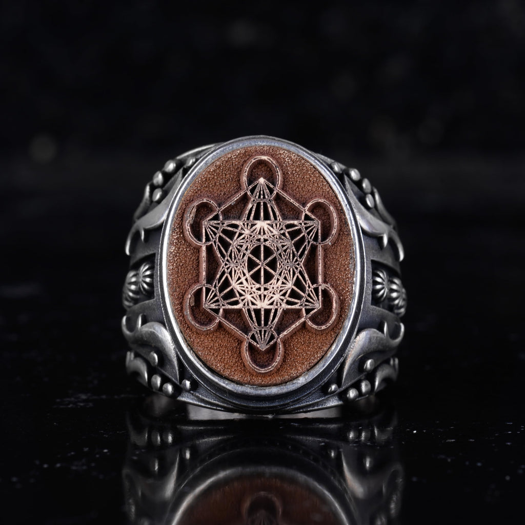 KAMBO Metatron Cube Men's Ring – 925 Sterling Silver Bronze Detail Sacred Geometry Ring – Handmade Symbolic Jewelry — 4
