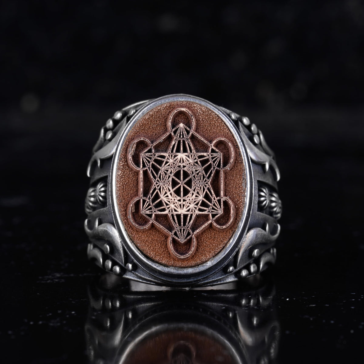 KAMBO Metatron Cube Men's Ring – 925 Sterling Silver Bronze Detail Sacred Geometry Ring – Handmade Symbolic Jewelry — 4