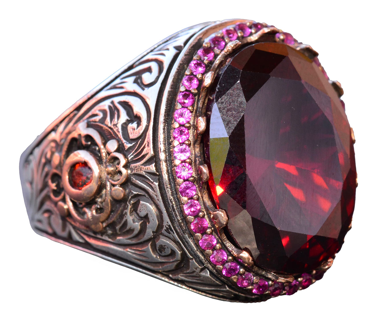 Garnet Stone King Ring, Silver Men's Ring