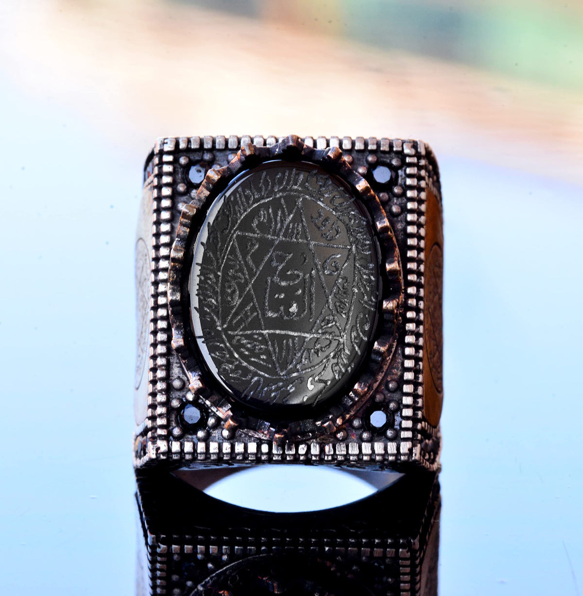 Handcrafted Natural Onyx Stone Silver Men's Ring - Symbol of Strength and Protection (Onyx) — 5