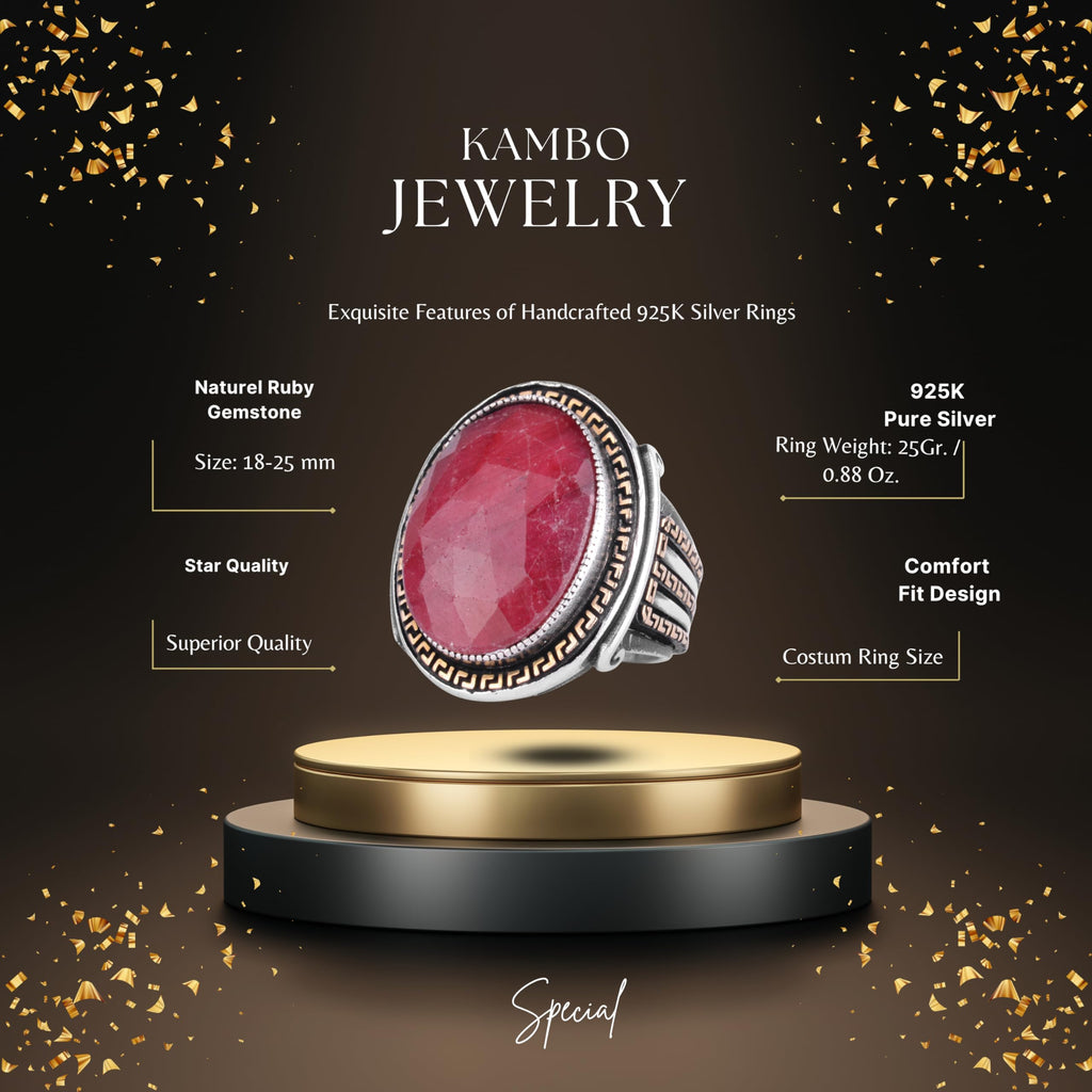 KAMBO Men's Genuine Natural Stone Ring – 925 Sterling Silver Large Statement Ring – Handmade Vintage Design – Dark Silver Ring (Ruby) — 2
