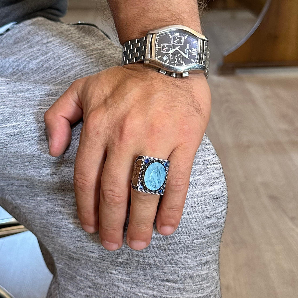 925 Sterling Silver Islamic Ring, Artificial Stone Ring, Handmade Calligraphy Written Ring (Artificial Light Blue Paraiba) — 3