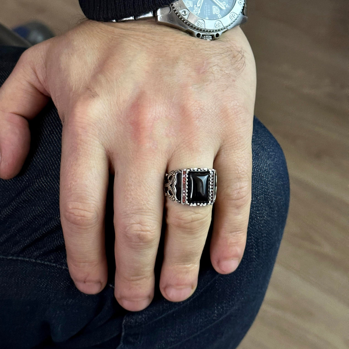 Natural Obsidian Stone Ring, 925 Sterling Silver Men's Ring — 3