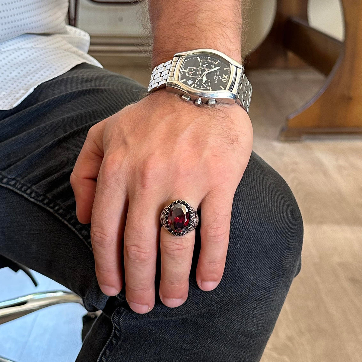 KAMBO 925 Sterling Silver Men's Ring, Created Stone Ring, Eagle Symbol Ring, Handmade Ring (Created Garnet) — 3