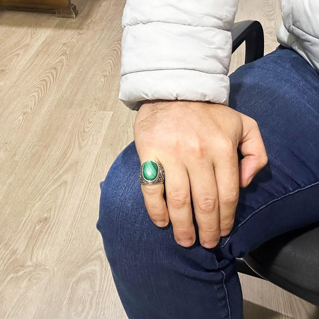925 Sterling Silver Men's Ring, Handmade Malachite Gemstone Ring — 3