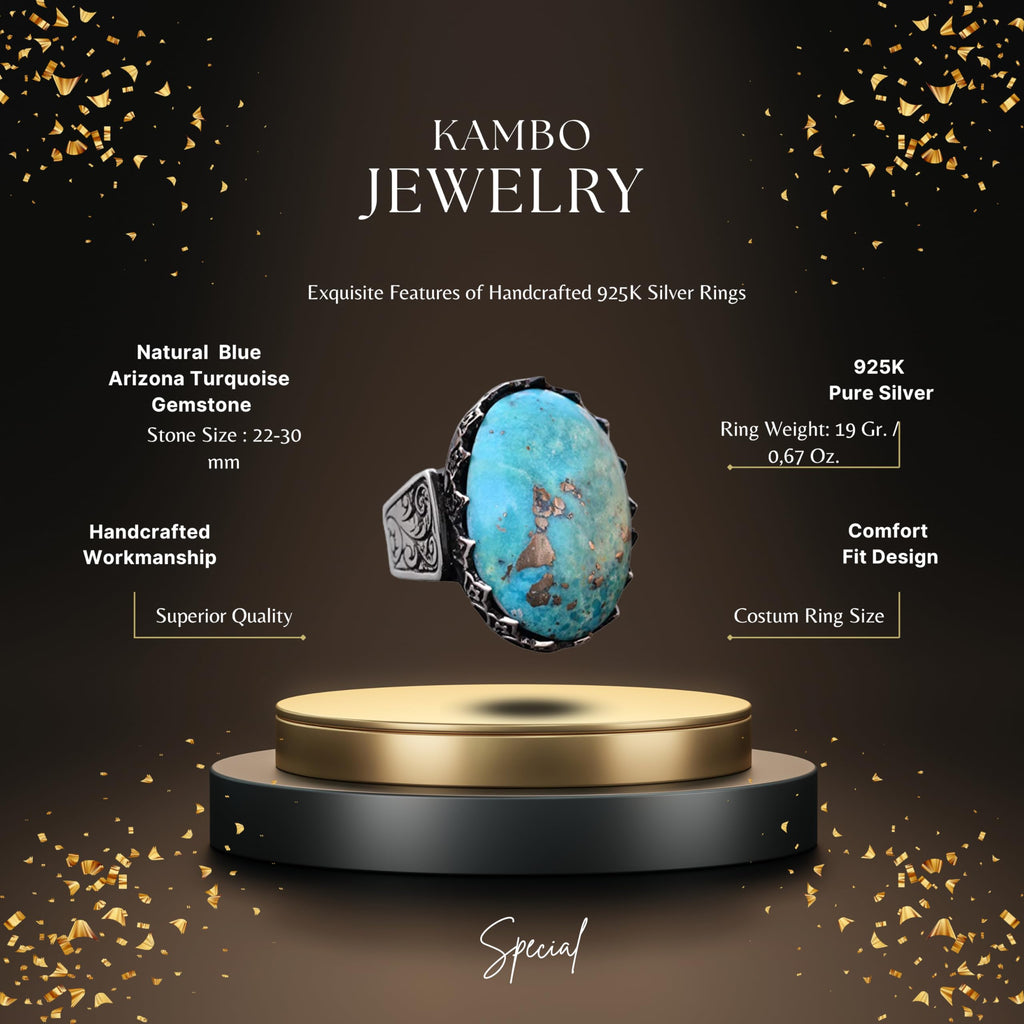 KAMBO Handmade Men's Natural Turquoise Ring in 925 Sterling Silver - Large Vintage Statement Ring for Him - Unique Style