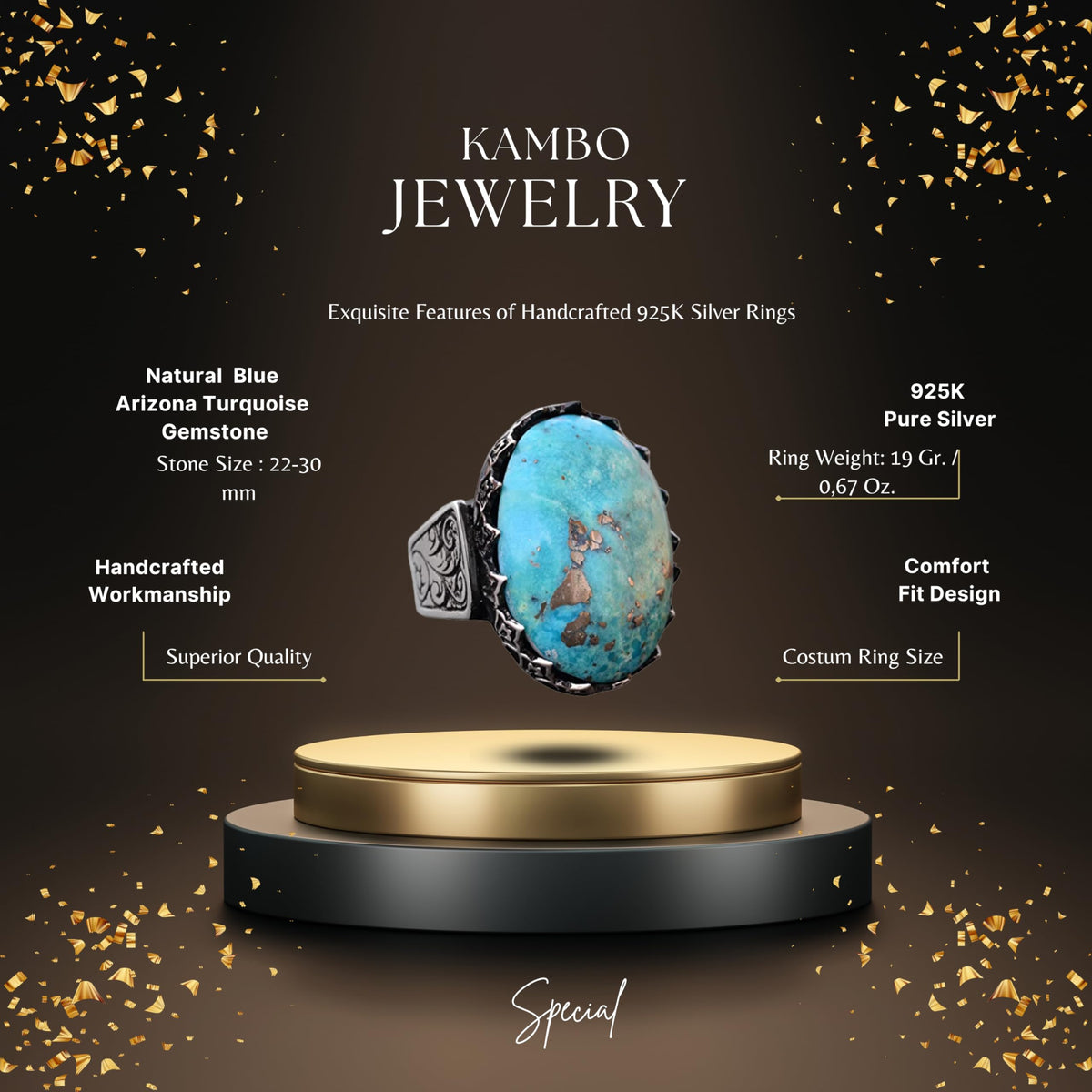 KAMBO Handmade Men's Natural Turquoise Ring in 925 Sterling Silver - Large Vintage Statement Ring for Him - Unique Style