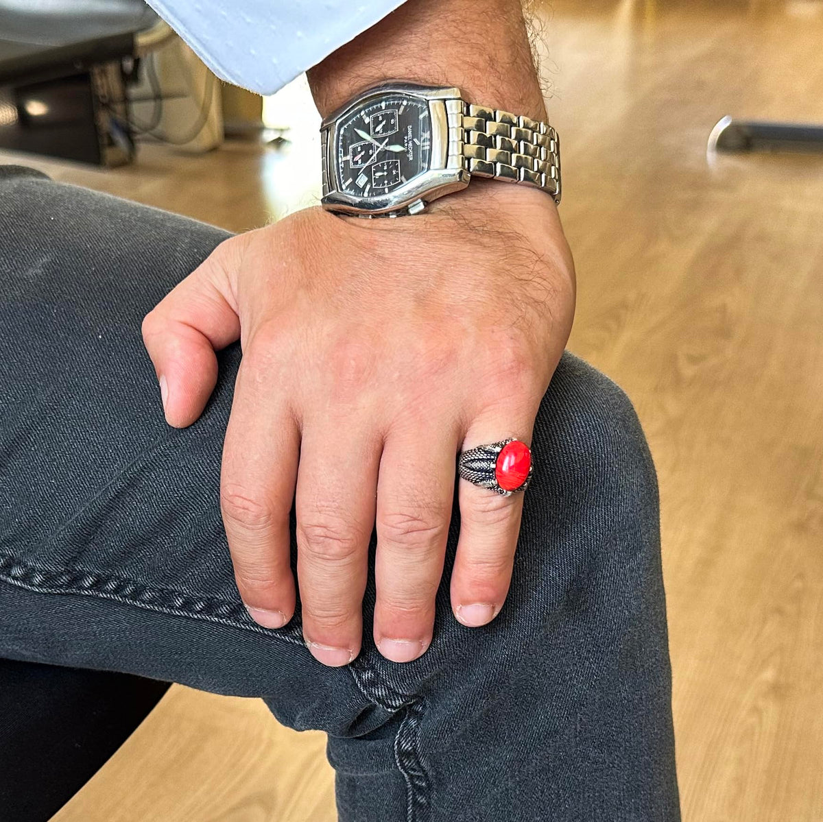 Silver Claw Ring with Natural Red Coral Stone — 3