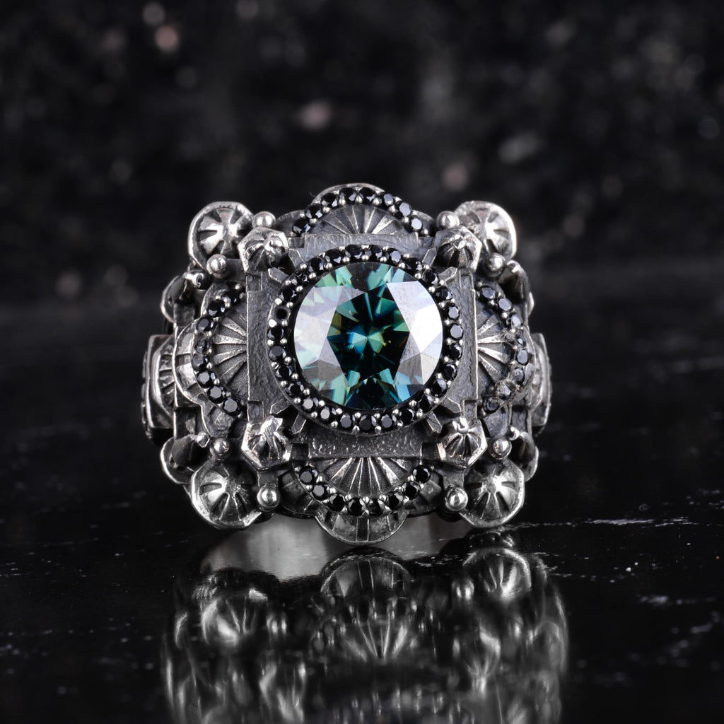 KAMBO Large Natural Stone Men's Ring 925 Sterling Silver – Handmade Statement Ring Inspired by Islamic Mosque (Mozanite-1) — 4
