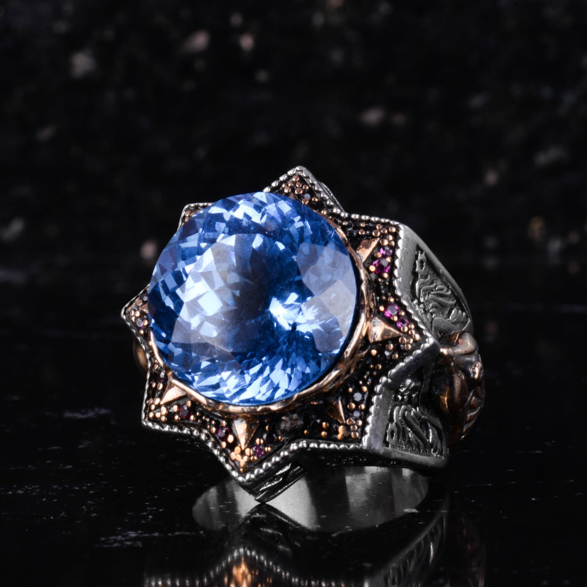 KAMBO Certified Natural Blue Sapphire Stone Men's Ring – Star Shaped Design – Bronze Detailed 925 Sterling Silver – Handmade Statement Ring — 4