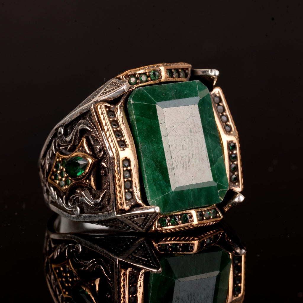 Natural Emerald Stone Ring, 925 Sterling Silver Men's Ring — 4