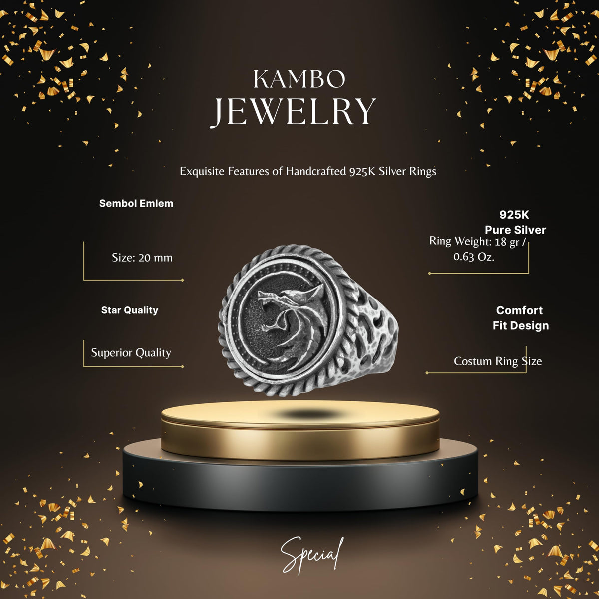 KAMBO Bronze Seal Round Men's Ring 925 Sterling Silver – Vintage Statement Ring (Wolf Head) — 2