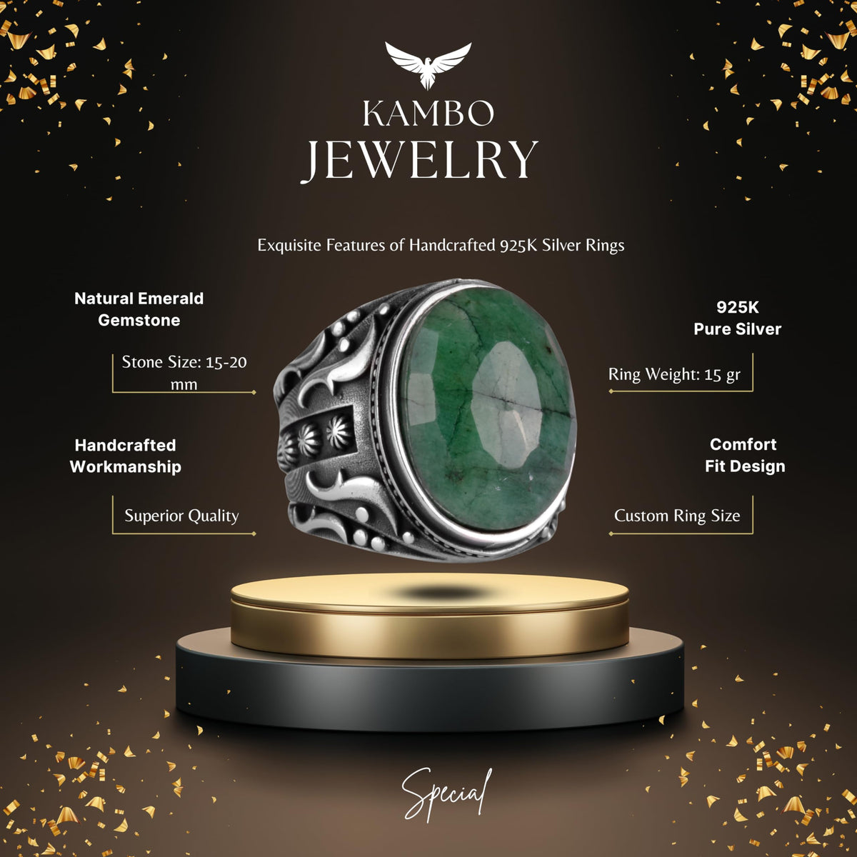 925K Pure Silver Men's Ring, Handmade Natural Emerald Stone Ring, Designer Silver Men's Ring — 2