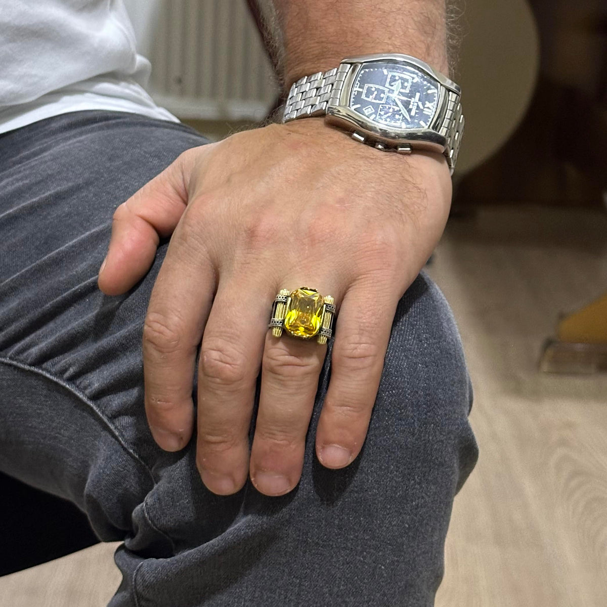 Kambo Synthetic Citrine Stone Ring - 925 Sterling Silver Handmade Design Men's Ring — 3