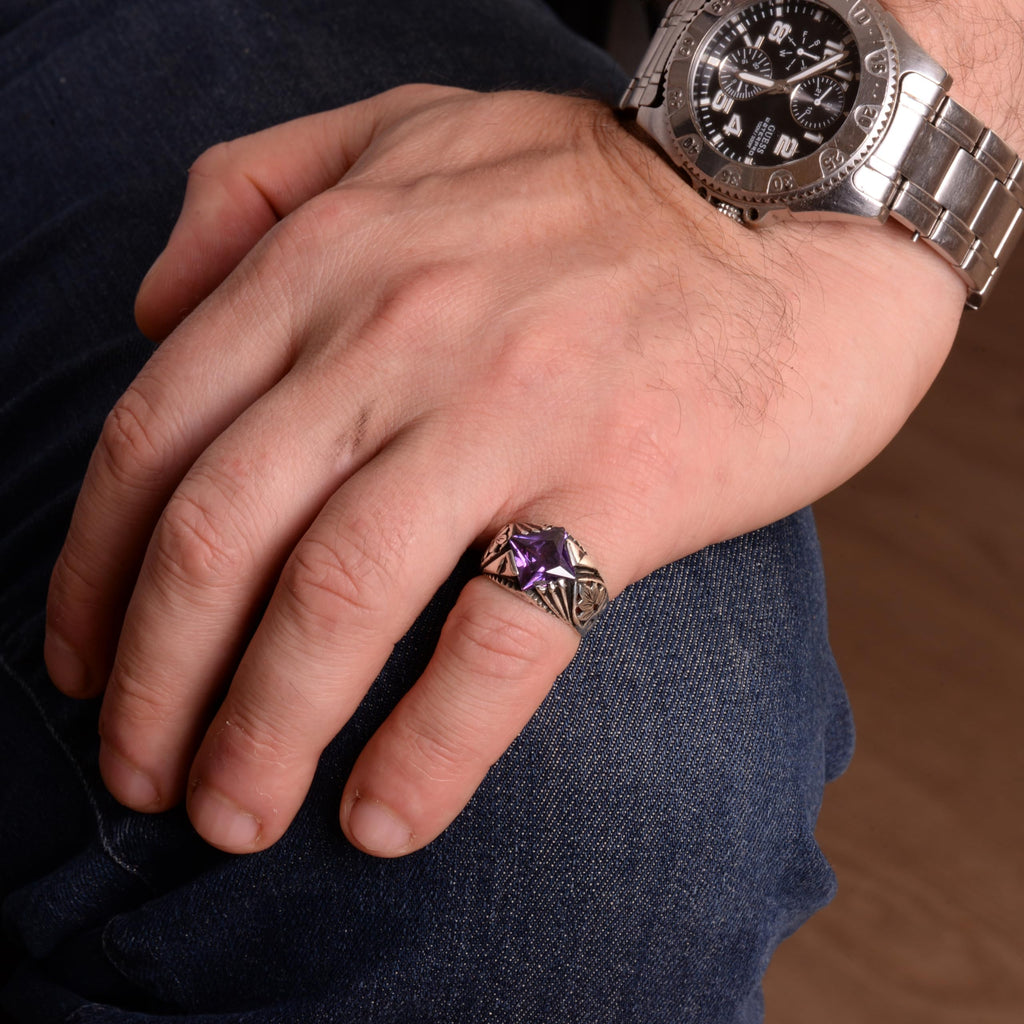 KAMBO Silver Men's Ring – Handmade Minimal Ring with Synthetic Amethyst Stone — 3