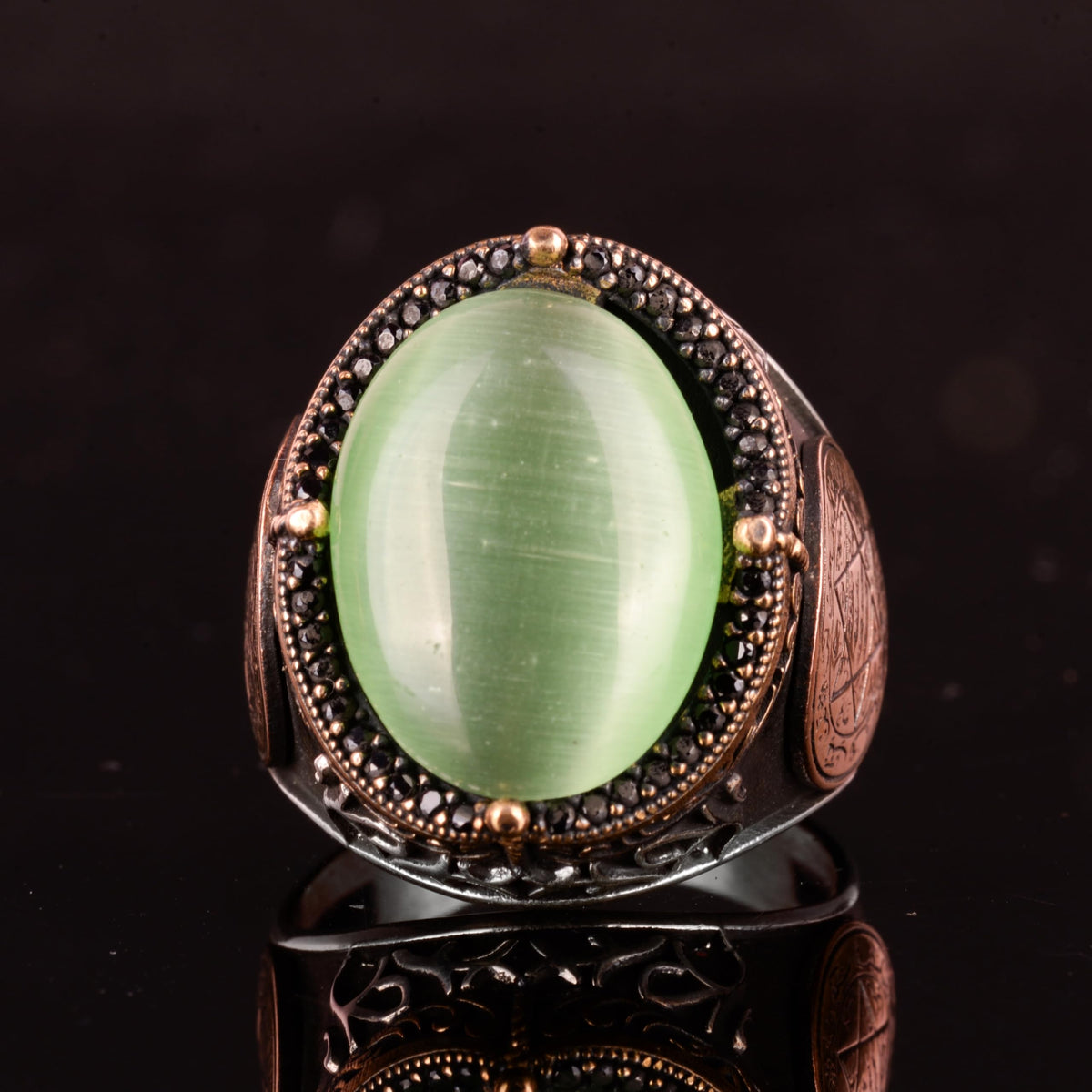 KAMBO Star of David Ring, Creation Stone Ring, 925 Sterling Silver Solomon Ring (Light Green Cat's Eye Creation Stone) — 4