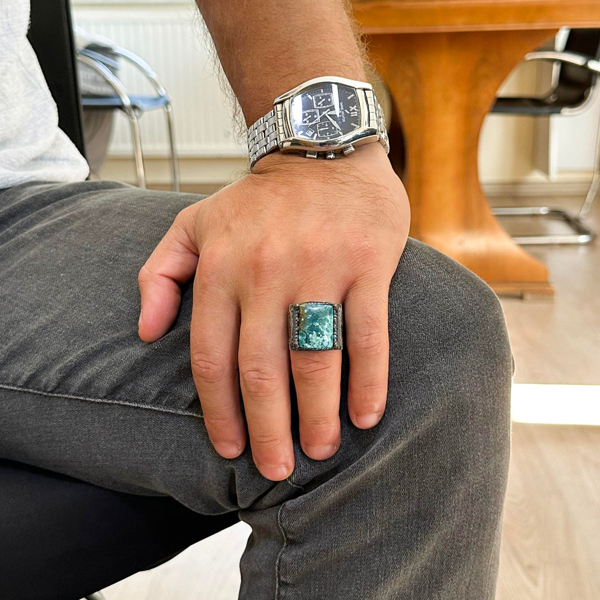 Natural Arizona Turquoise Stone Ring - 925 Sterling Silver Islamic Ring — 3