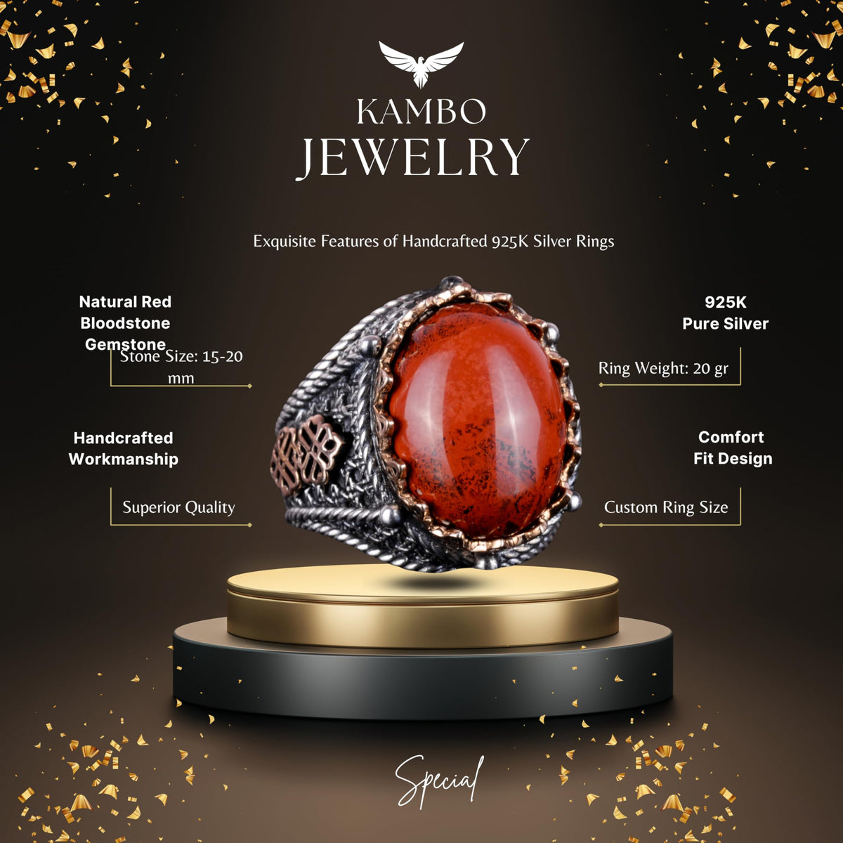 925 Sterling Silver Ring, Handmade Natural Red Bloodstone Ring — 6